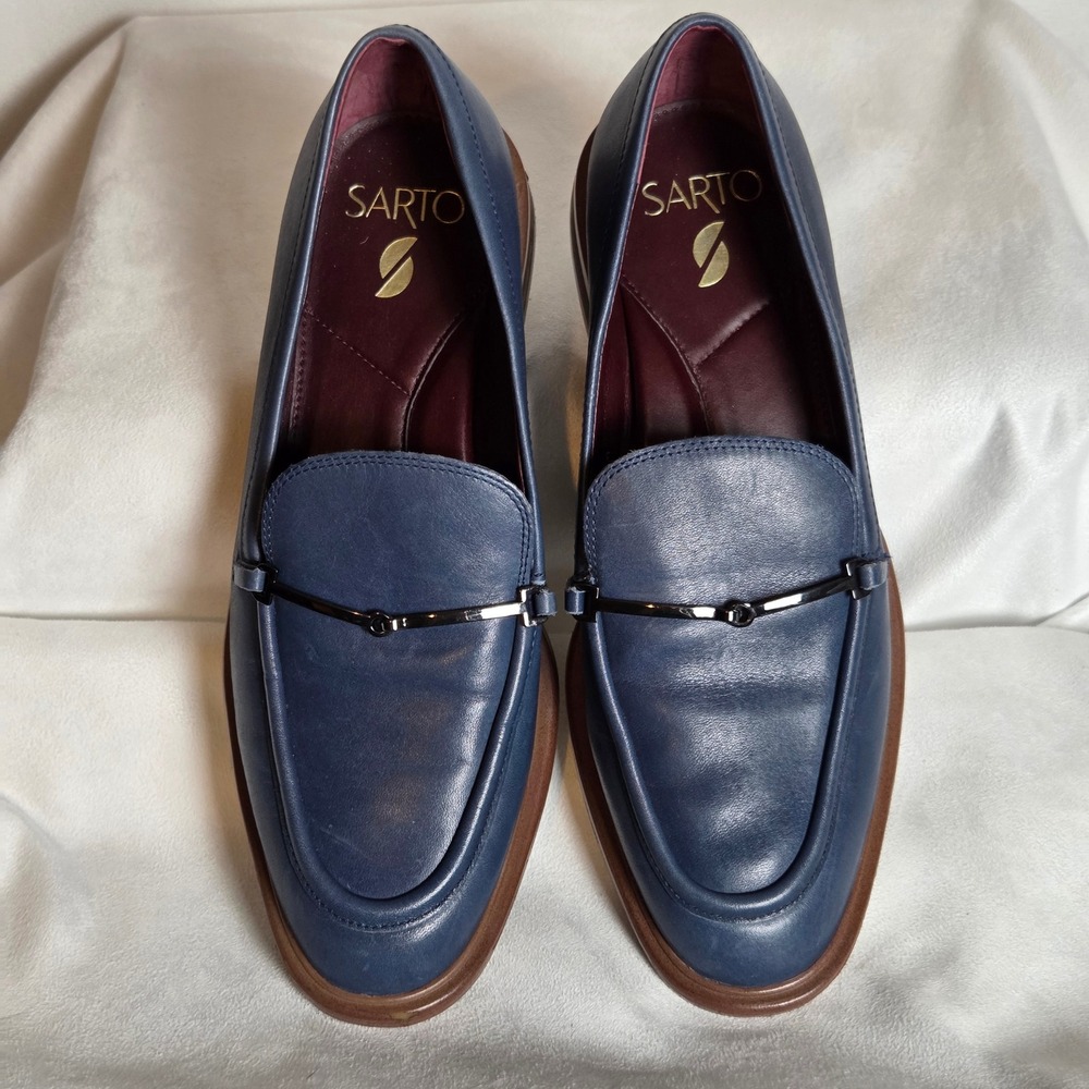 Franco Sarto Navy Blue Womens 8M Leather Loafers Horsebit Preppy Academia - Picture 4 of 9